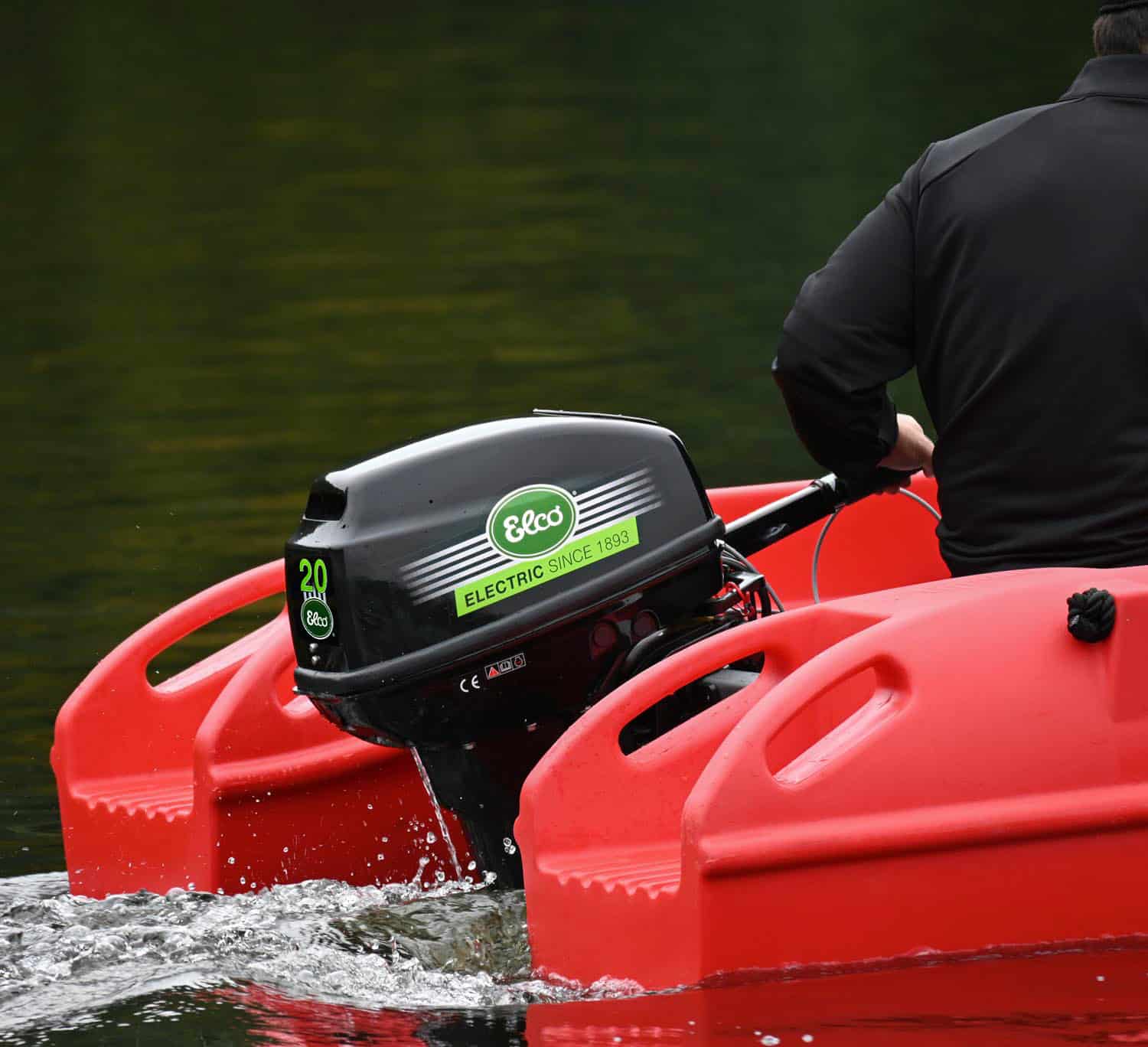 ELCO EP-20 electric outboard operating on a red boat